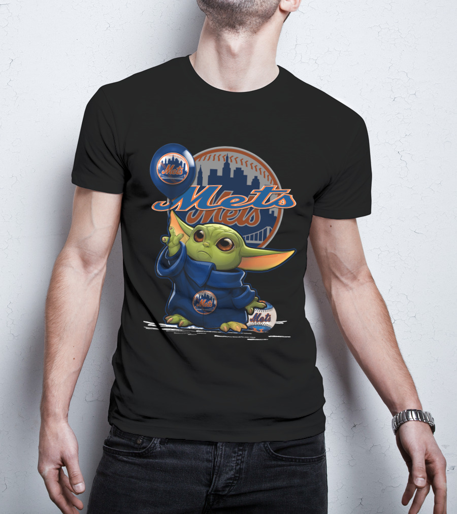 Yoda Mets Star Wars Baseball Fan Art New York Balloon And City Skyline T-Shirt