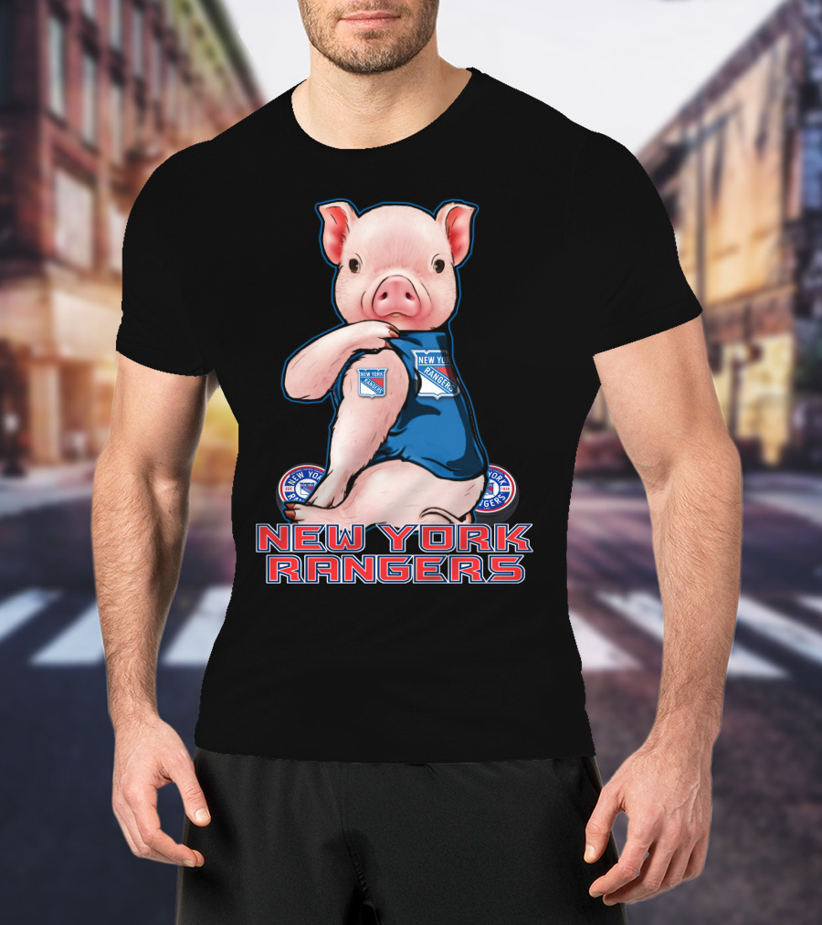Pig Wearing New York Rangers Blue Logo T-Shirt