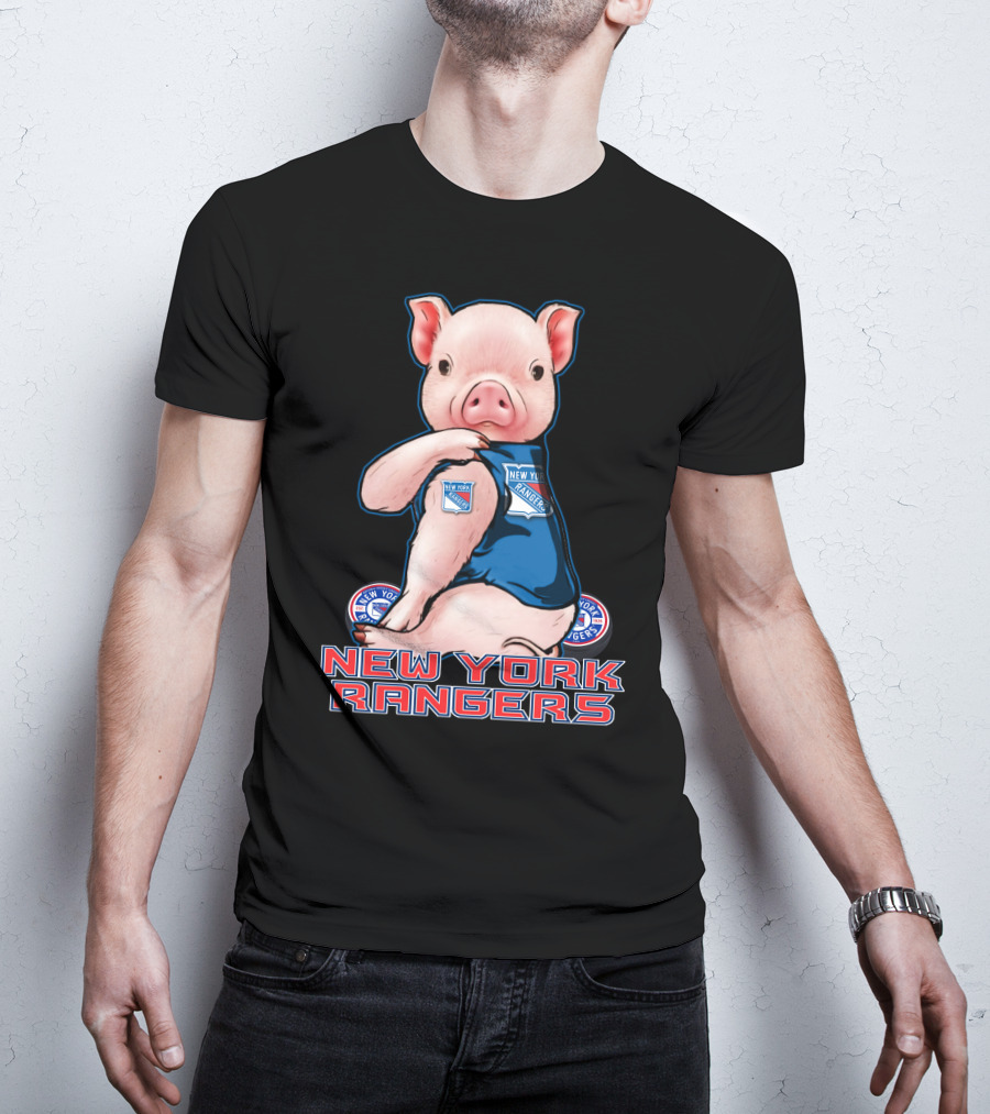 Pig Wearing New York Rangers Blue Logo T-Shirt