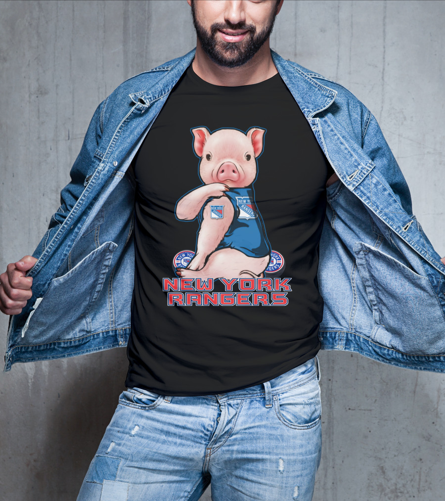 Pig Wearing New York Rangers Blue Logo T-Shirt