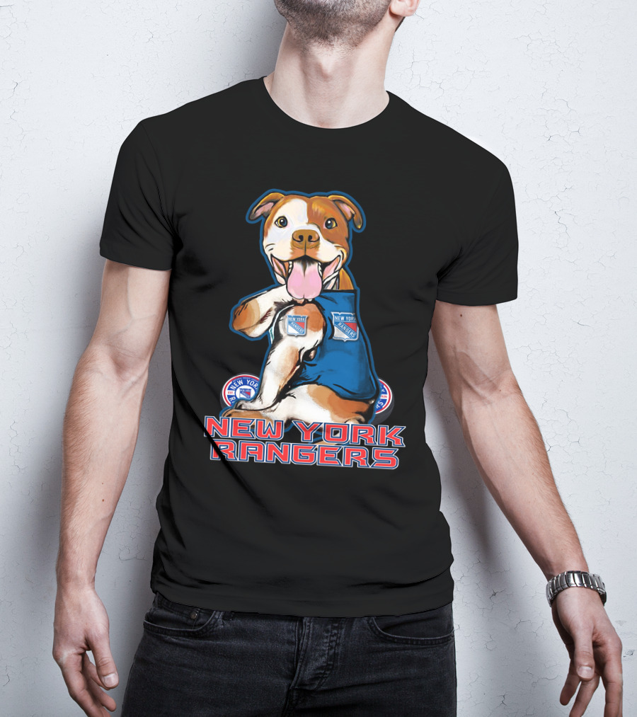 New York Rangers Pitbull With Logo And Paw Up T-Shirt