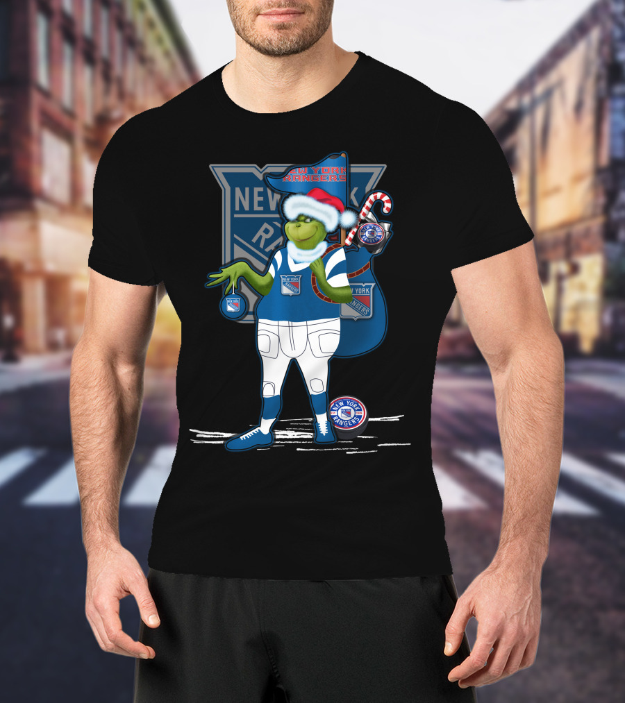 Grinch New York Rangers Christmas Santa Hat Candy Cane T-Shirt