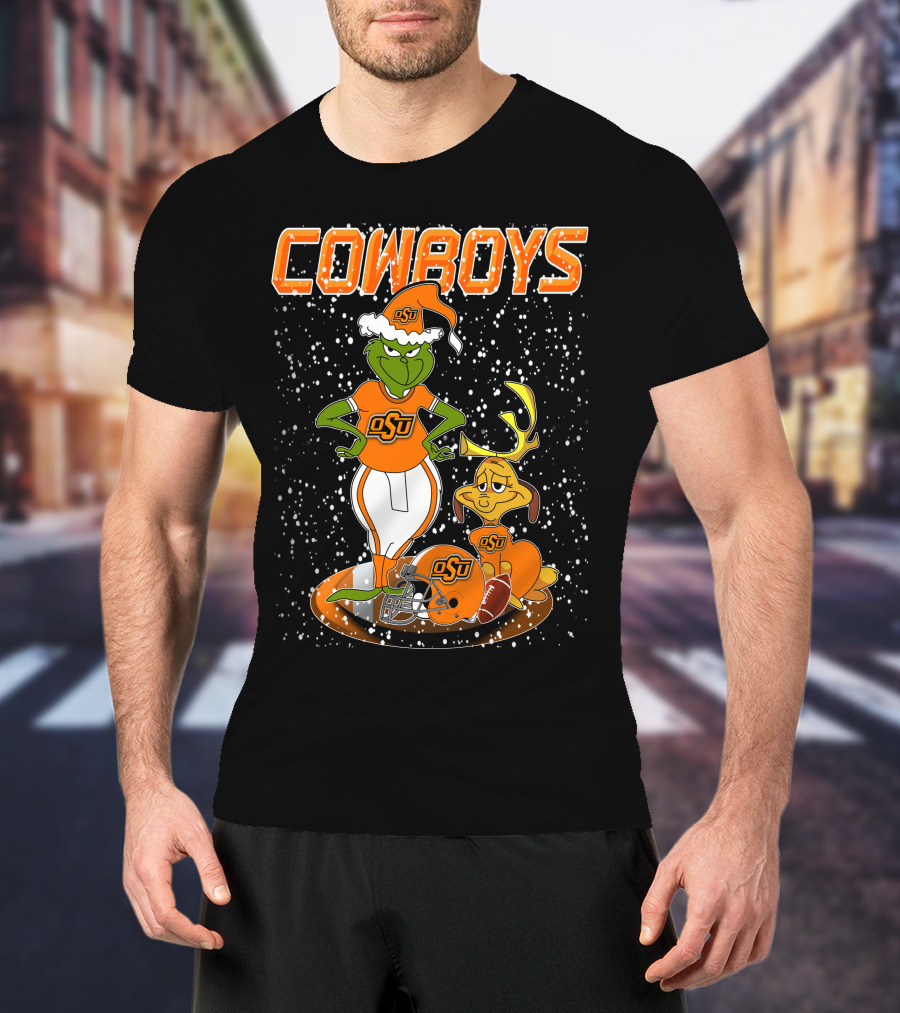 Grinchxmas OSU Cowboys Snowy Holiday Football T-Shirt