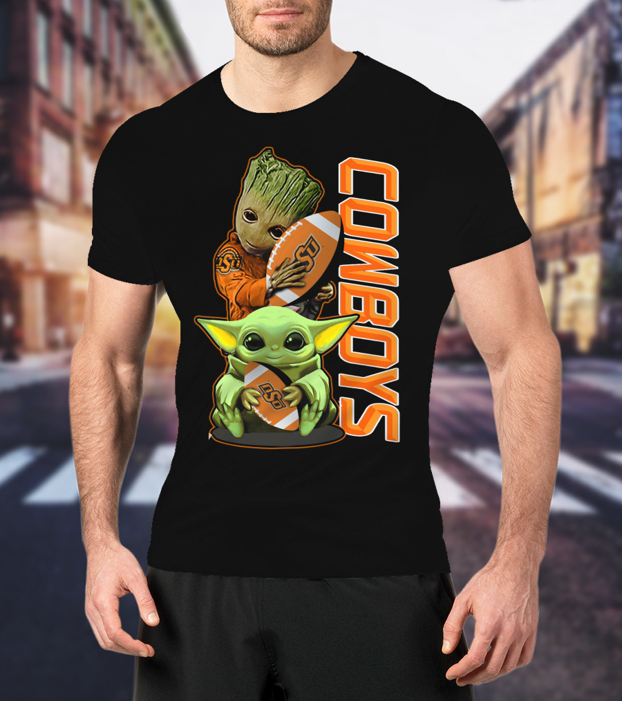 Grzd Oklahoma State Cowboys Groot Baby Yoda Football T-Shirt