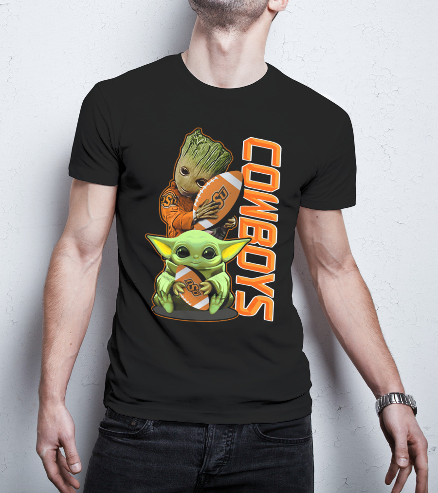 Grzd Oklahoma State Cowboys Groot Baby Yoda Football T-Shirt