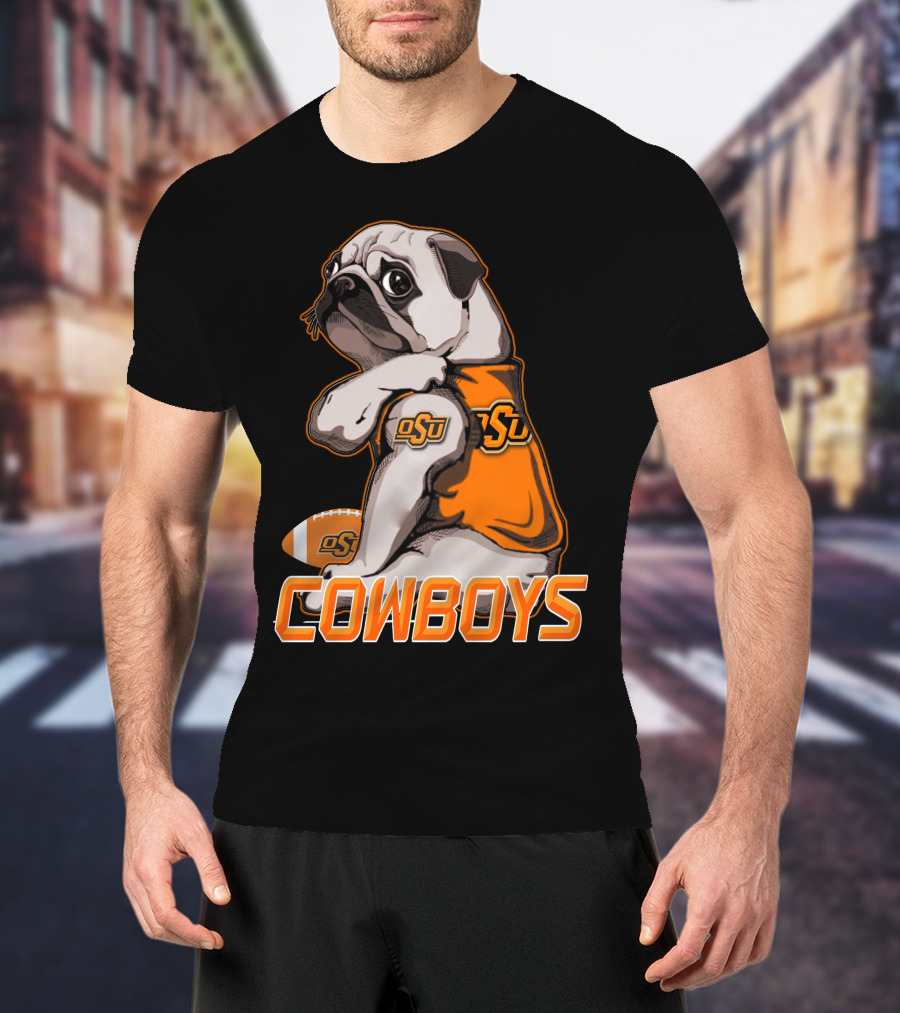 OSU Pug With Football And Cowboys Text T-Shirt