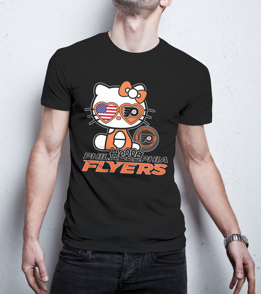 Hello Kitty Philadelphia Flyers American Flag Heart Glasses T-Shirt