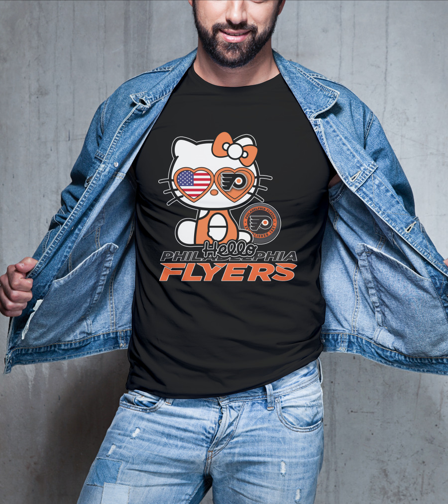Hello Kitty Philadelphia Flyers American Flag Heart Glasses T-Shirt