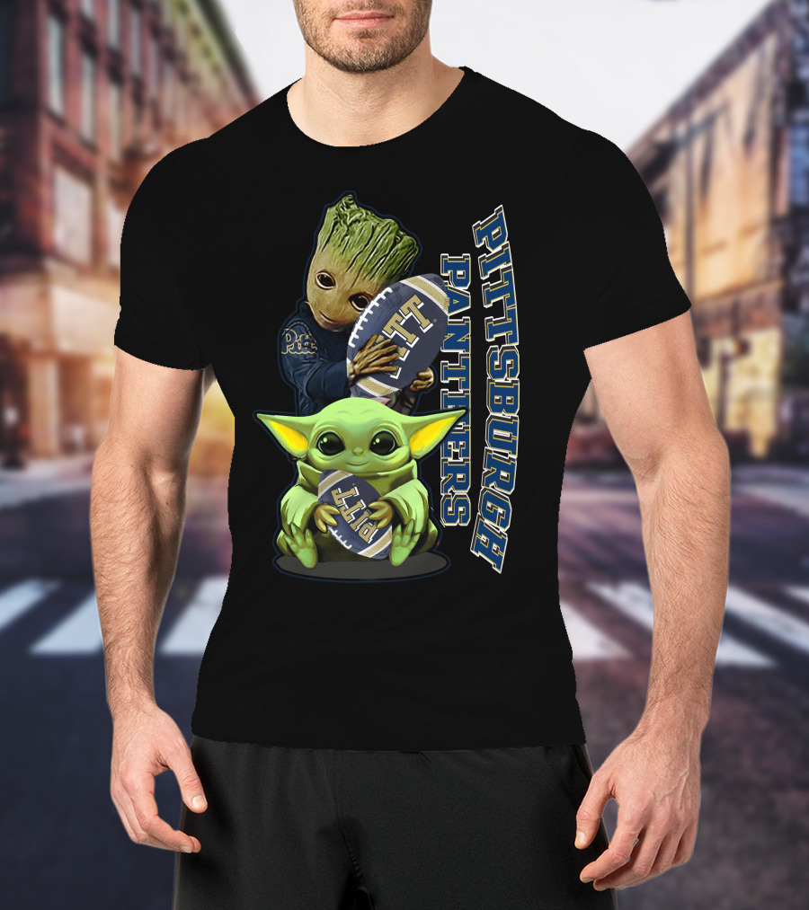 Grzd Pittsburgh Panthers Groot Baby Yoda Holding Pitt Football T-Shirt