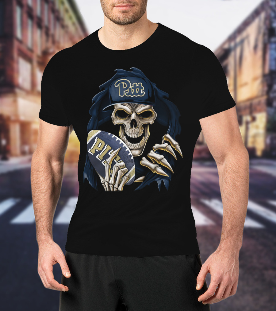Pitt Panthers Skull Holding Football T-Shirt