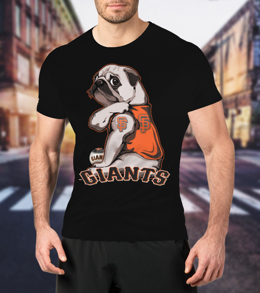 Pug In San Francisco Giants Orange Jersey With Logo And Baseball T-Shirt