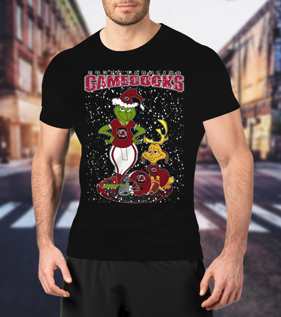 Grinchxmas South Carolina Gamecocks Holiday Football Santa Grinch And Max T-Shirt