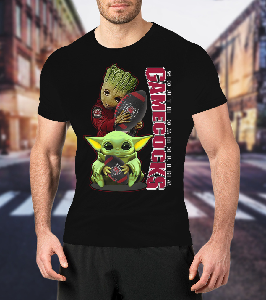 Groot And Baby Yoda Holding South Carolina Gamecocks Football T-Shirt