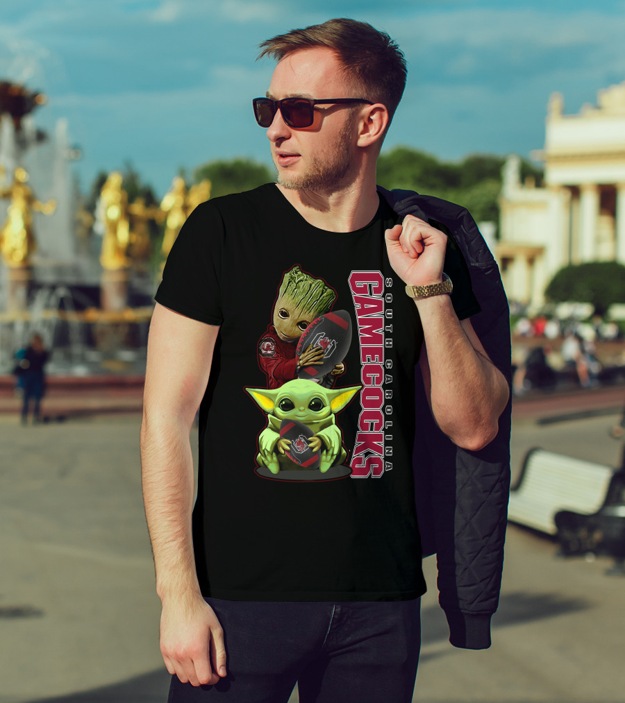 Groot And Baby Yoda Holding South Carolina Gamecocks Football T-Shirt