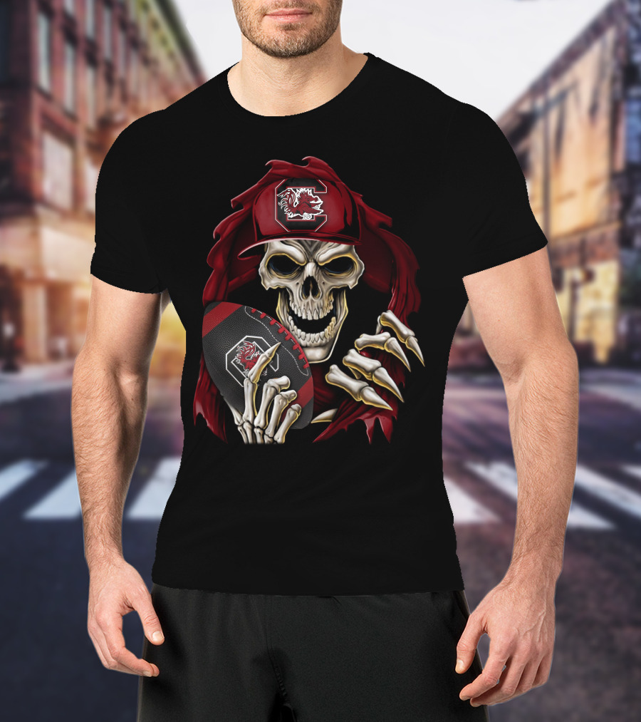 South Carolina Gamecocks Skull Holding Football T-Shirt