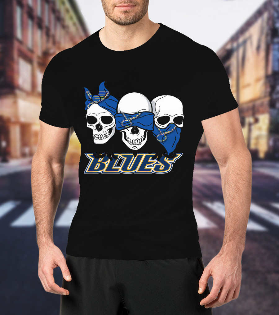 St. Louis Blues Skull Trio With Blue Bandanas Music Team Fan T-Shirt