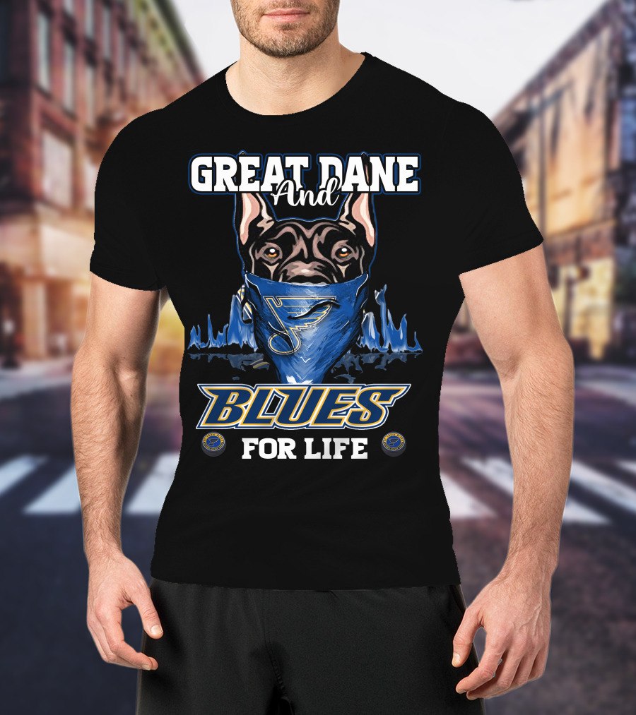 Great Dane And St. Louis Blues For Life With Blues Logo Bandana T-Shirt