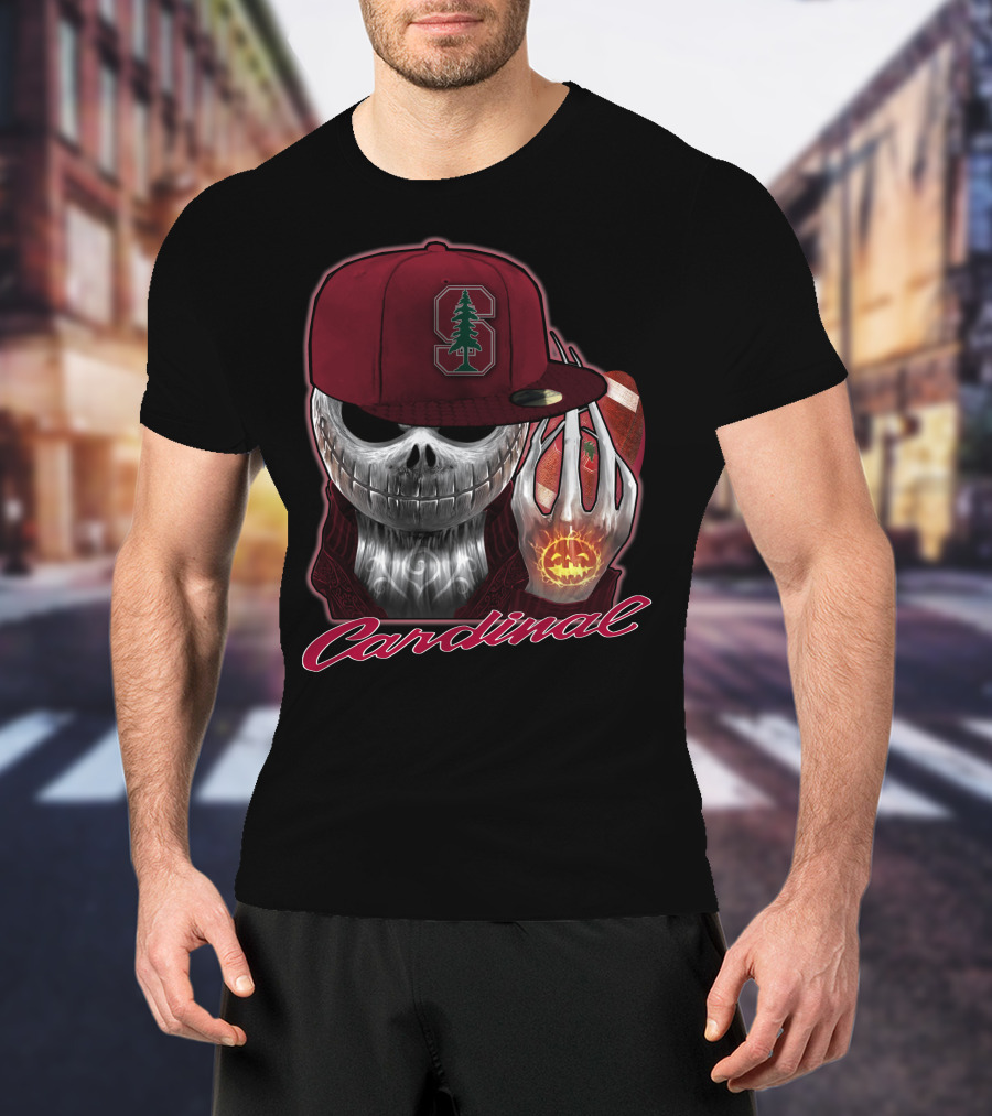 Jackskull Holding Football With Stanford Cardinal Hat And Glowing Pumpkin T-Shirt