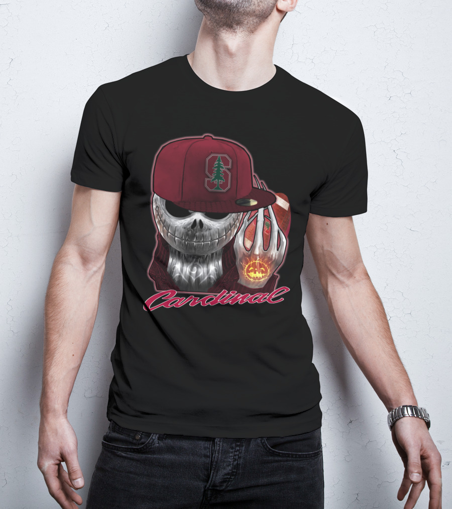 Jackskull Holding Football With Stanford Cardinal Hat And Glowing Pumpkin T-Shirt