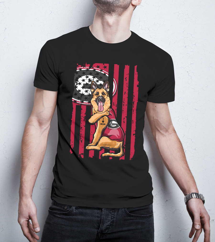 German Shepherd Georgia Bulldogs I Love Mom With Flag Background T-Shirt