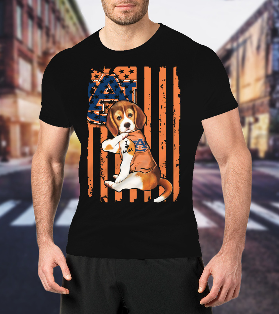 Auburn Tigers Beagle With I Love Mom Tattoo On Auburn T-Shirt
