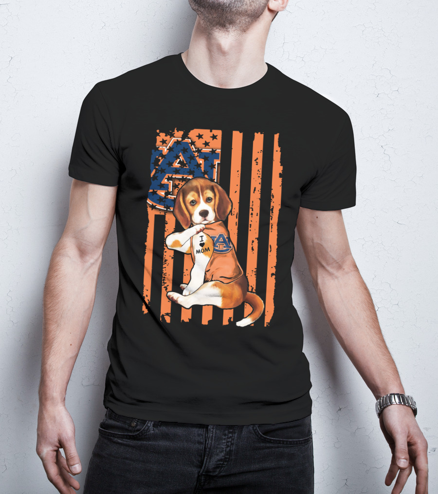 Auburn Tigers Beagle With I Love Mom Tattoo On Auburn T-Shirt