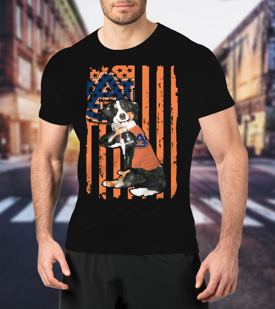 Auburn Tigers I Love Mom Border Collie With Logo And American Flag Stripes T-Shirt