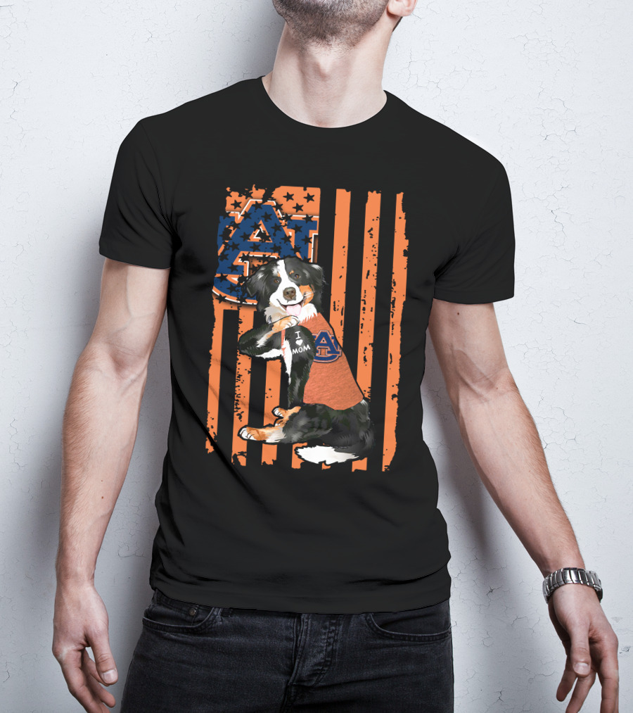 Auburn Tigers I Love Mom Border Collie With Logo And American Flag Stripes T-Shirt
