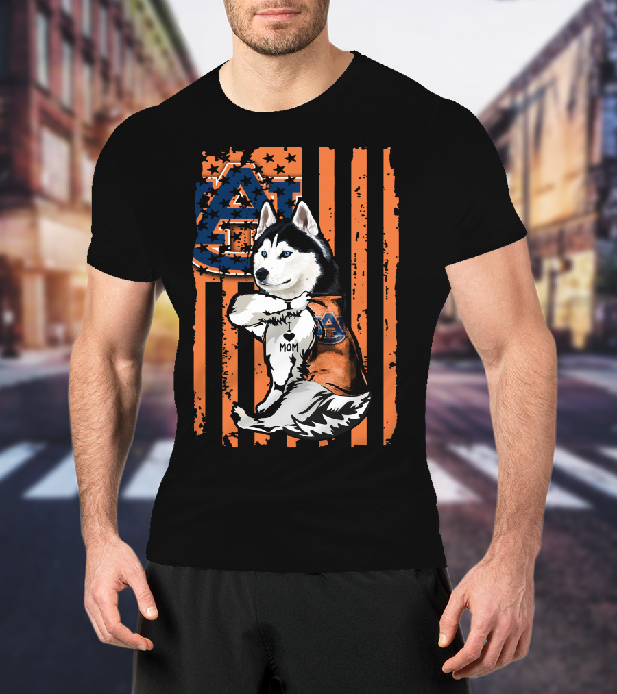 Auburn Tigers Siberian Husky Mom American Flag T-Shirt