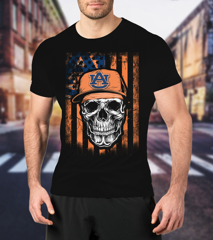 Auburn Tigers Skull With Cap On Orange T-Shirt