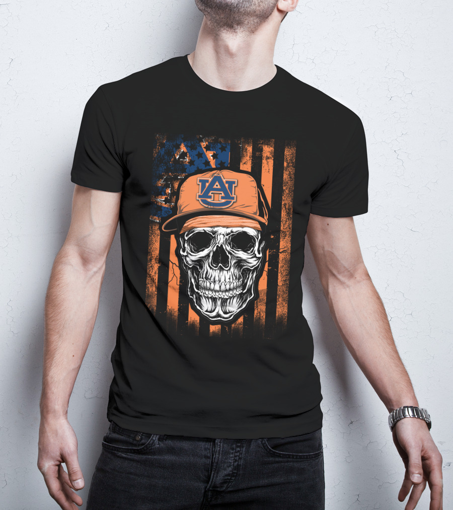 Auburn Tigers Skull With Cap On Orange T-Shirt