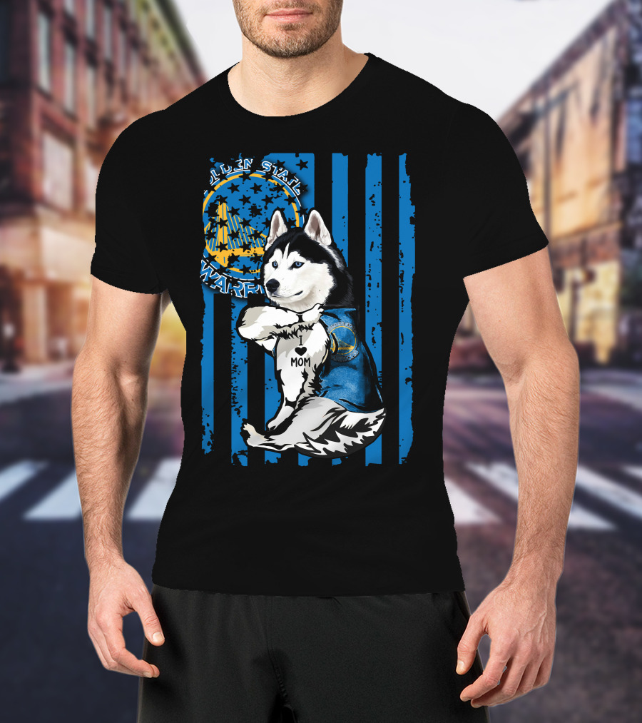 Siberian Husky Golden State Warriors Blue Paw Print Mom Tattoo T-Shirt