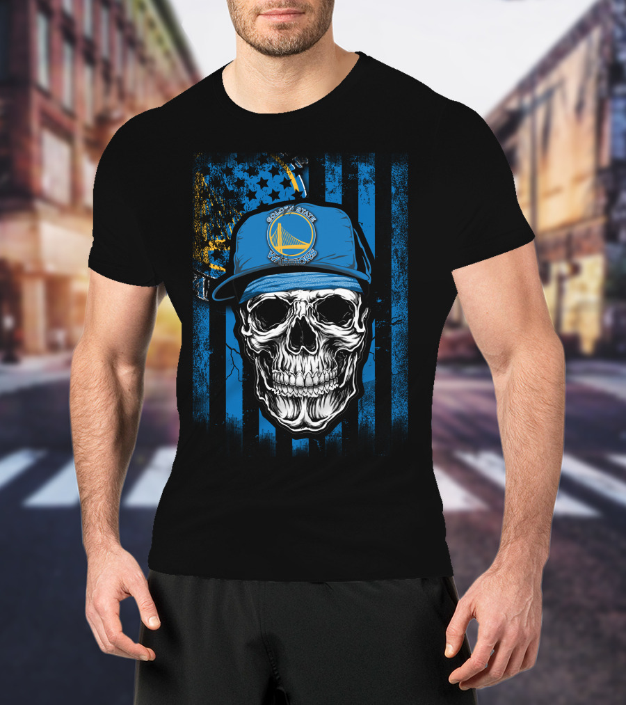 Golden State Warriors Skull With Hat On Striped Blue Background T-Shirt
