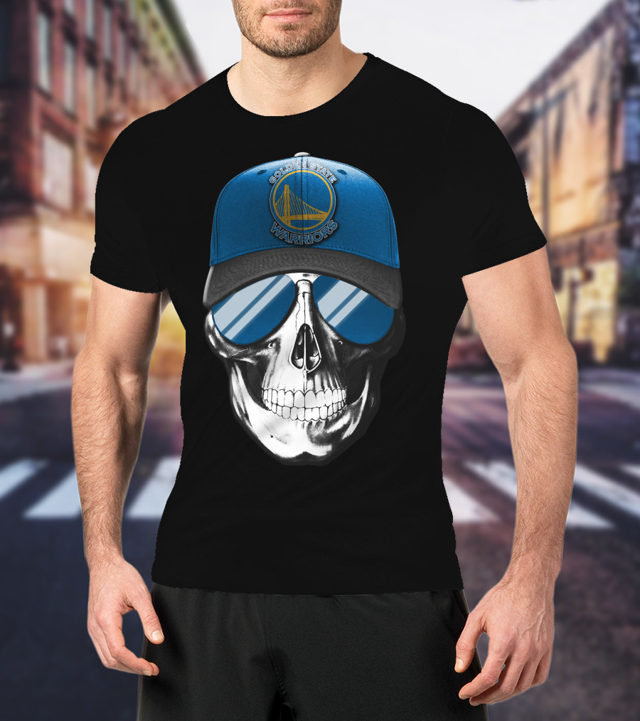 Golden State Warriors Skull With Blue Cap And Sunglasses T-Shirt
