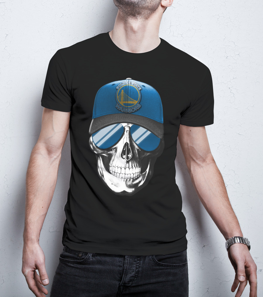Golden State Warriors Skull With Blue Cap And Sunglasses T-Shirt