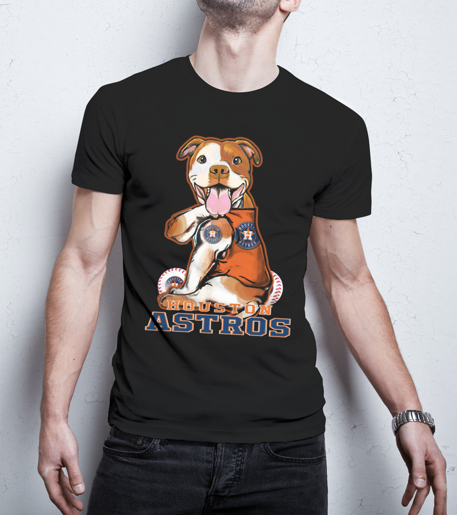 Pittbull Wearing Houston Astros Logo With Baseballs T-Shirt