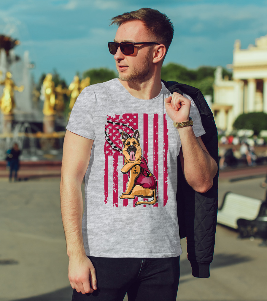 German Shepherd Wearing Arizona Cardinals Jersey With American Flag Background T-Shirt