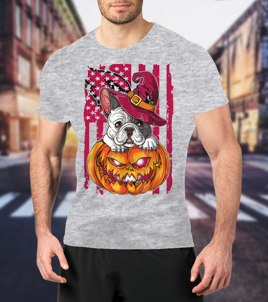 Hlw Bulldog Witch Hat Pumpkin Stars Stripes T-Shirt