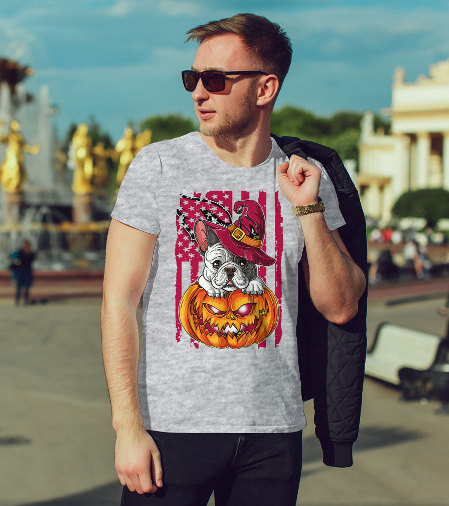 Hlw Bulldog Witch Hat Pumpkin Stars Stripes T-Shirt