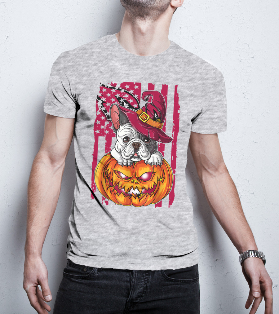 Hlw Bulldog Witch Hat Pumpkin Stars Stripes T-Shirt