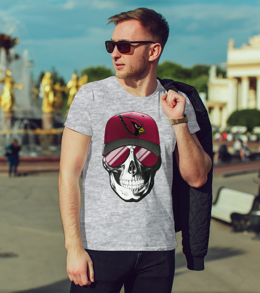 Skull V7 Arizona Cardinals Logo Hat And Sunglasses T-Shirt