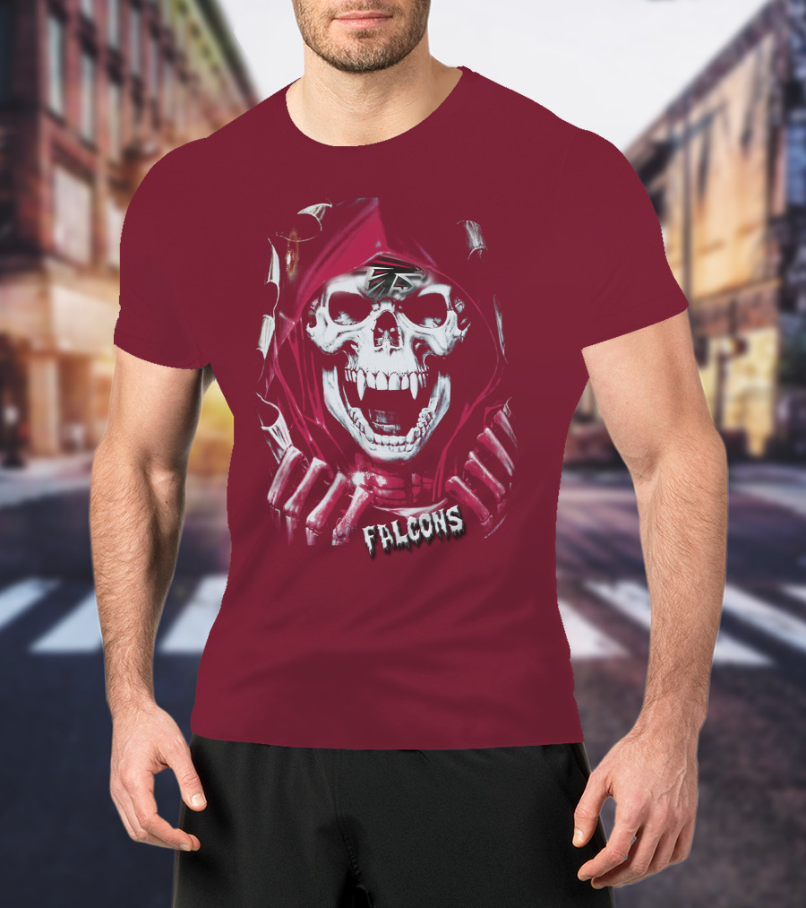 Atlanta Falcons Skull In Red Hood With Logo Elements T-Shirt
