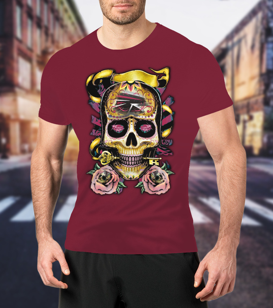 Atlanta Falcons Skull With Roses And Key T-Shirt