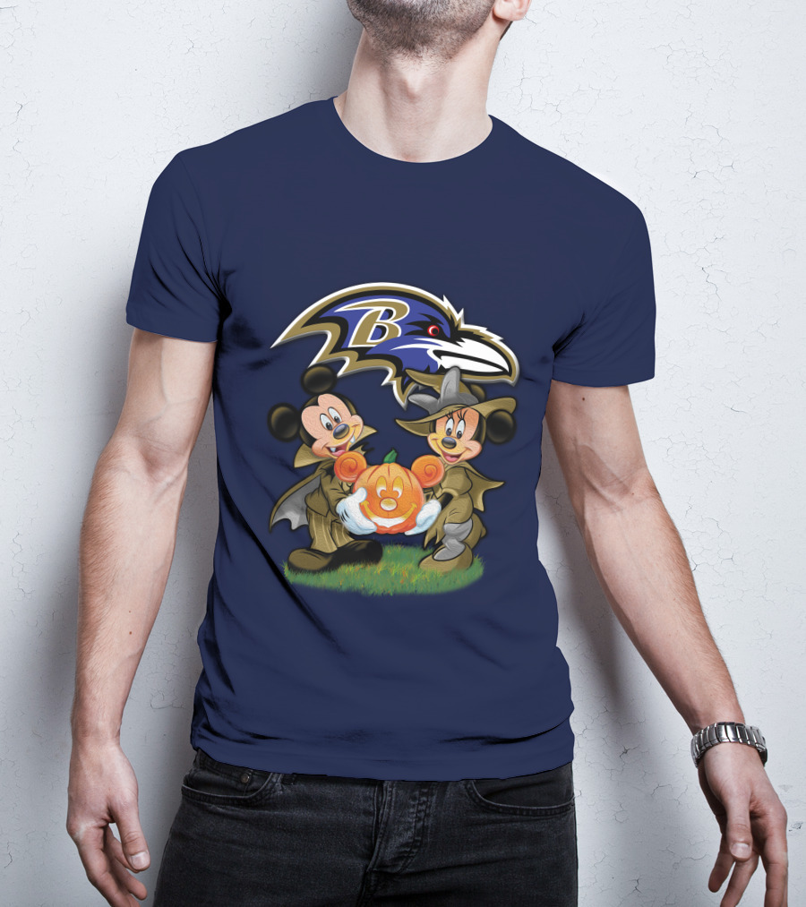 Baltimore Ravens Mickey And Minnie Halloween Pumpkin Ravens T-Shirt