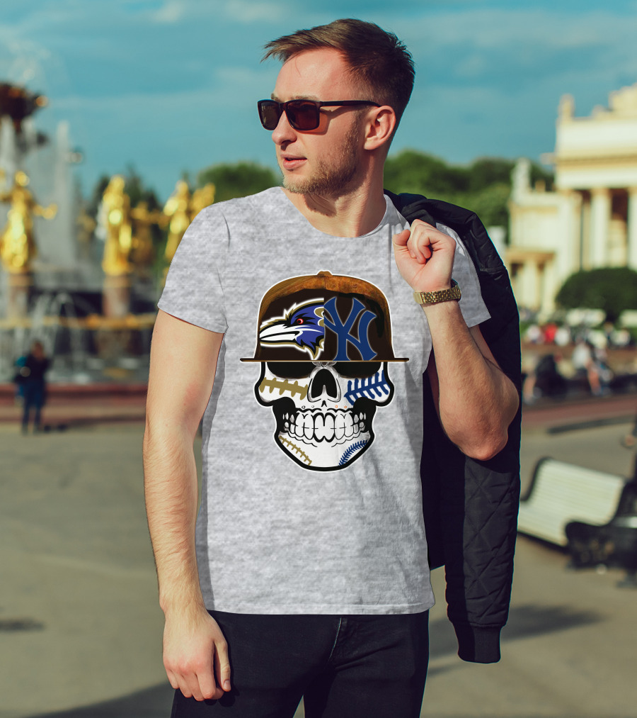 Baltimore Ravens New York Yankees Skull Hat T-Shirt