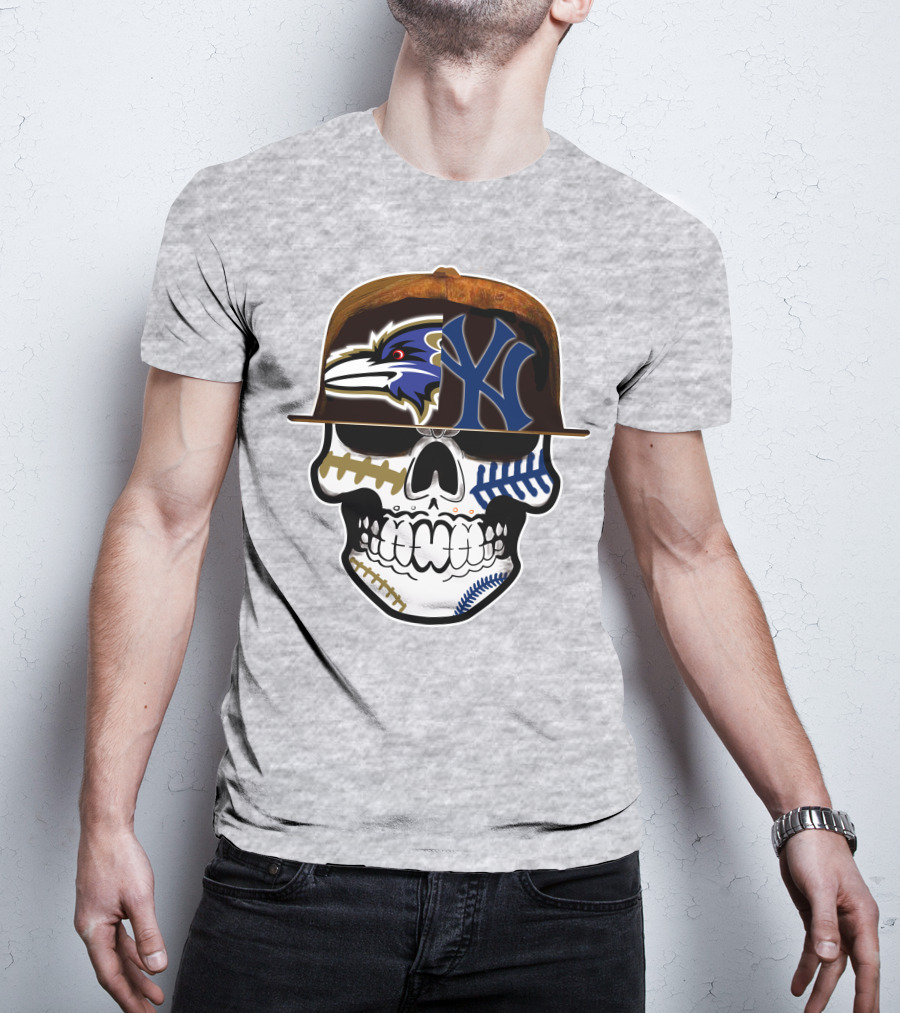 Baltimore Ravens New York Yankees Skull Hat T-Shirt