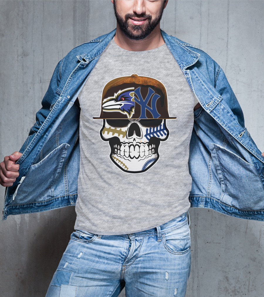 Baltimore Ravens New York Yankees Skull Hat T-Shirt