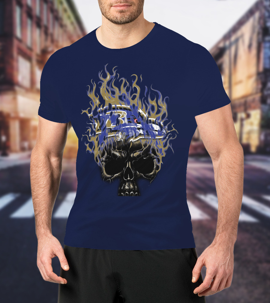 Baltimore Ravens Flaming Skull Logo T-Shirt