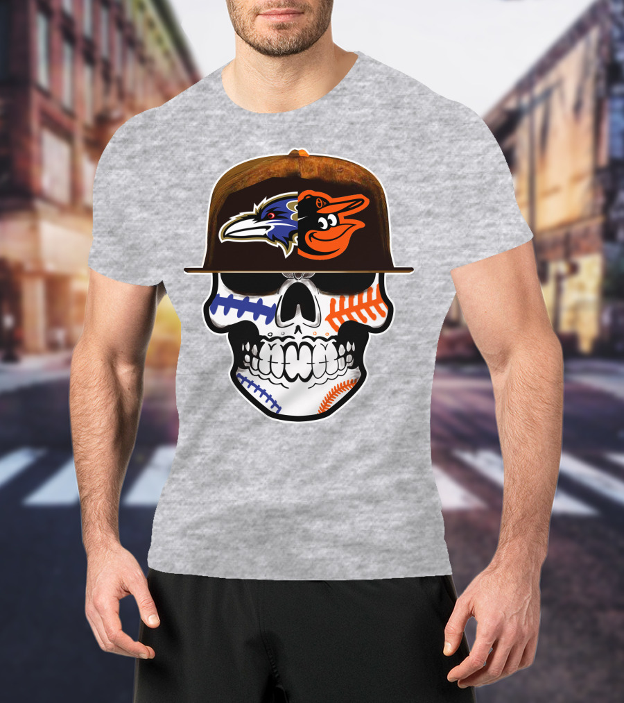 Baltimore Ravens Orioles Skull Baseball Crossover T-Shirt