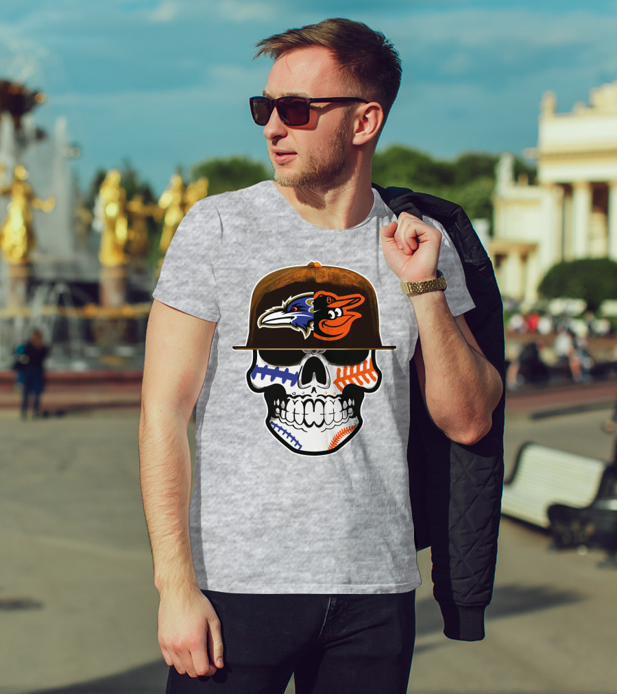 Baltimore Ravens Orioles Skull Baseball Crossover T-Shirt